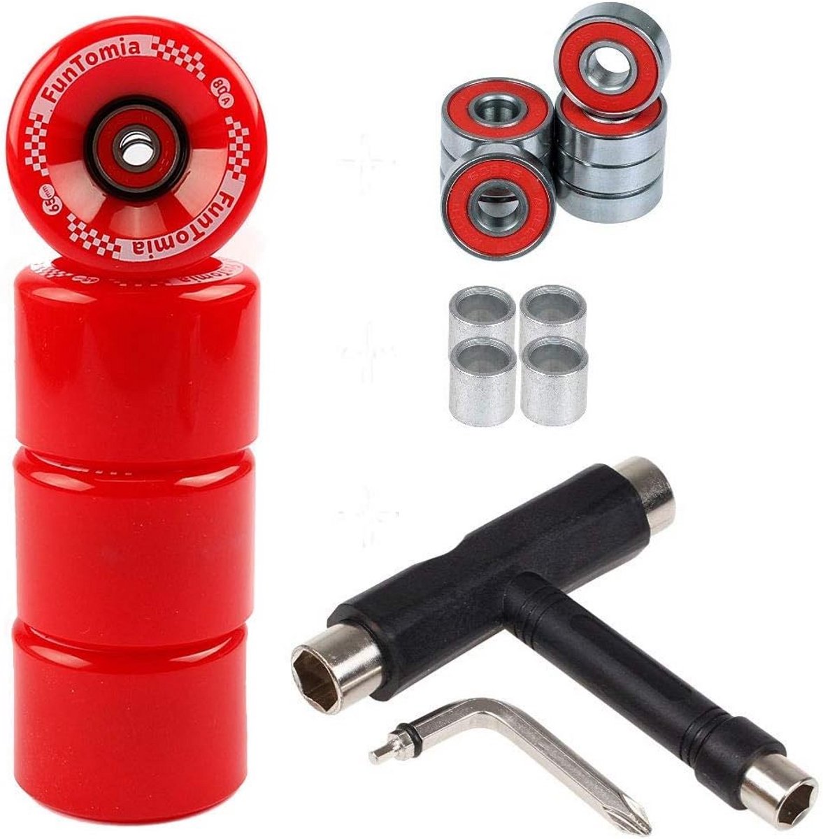 Set van 4 Longboard Skateboard Wielen 65mm 80A, Inclusief Kogellagers en T-Tool