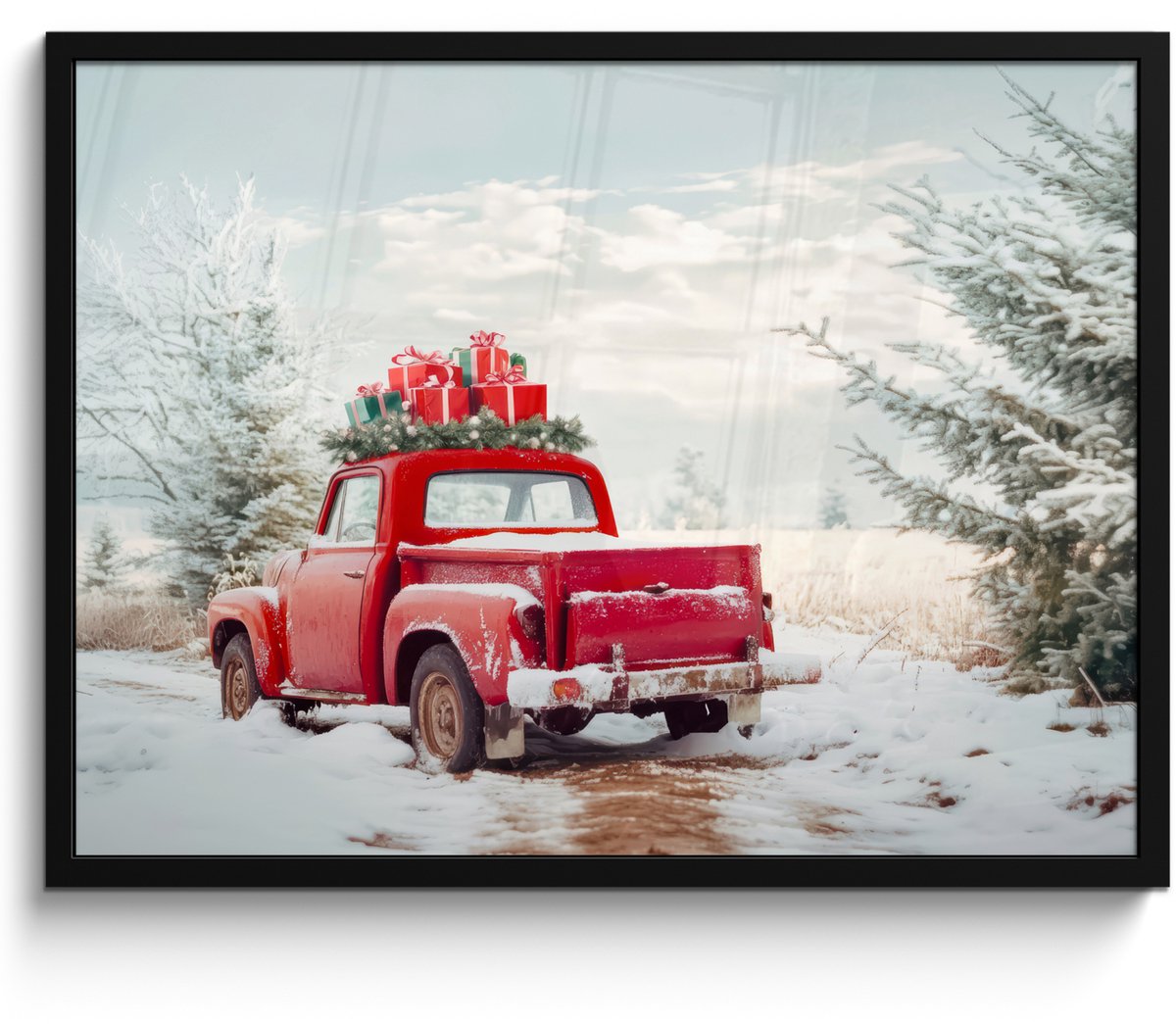 FrameYourWall Poster in lijst - Fotolijst 70x50 cm - Posters - Auto - Rood - Cadeaus - Winter - Sneeuw - Kerst - Posterlijst zwart - Decoratie - Wanddecoratie woonkamer - Muurdecoratie slaapkamer - Kerstversiering - Kerstdecoratie voor binnen - Kerstmis