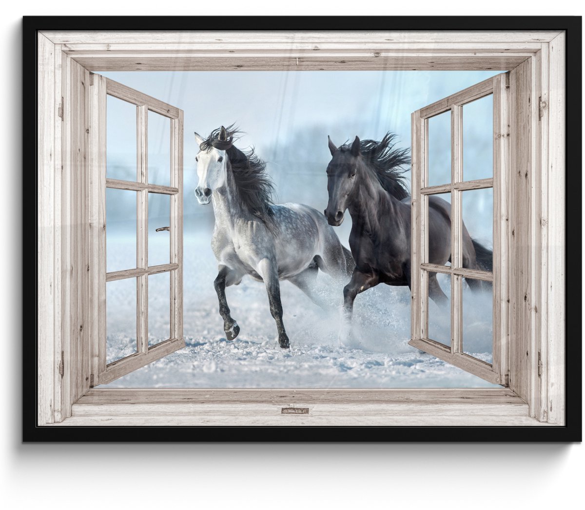 FrameYourWall Poster in lijst - Fotolijst 70x50 cm - Posters - Doorkijk - Paarden - Winter - Dieren - Natuur - Wit - Posterlijst zwart - Decoratie - Wanddecoratie woonkamer - Muurdecoratie slaapkamer