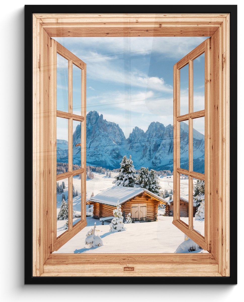 FrameYourWall Poster in lijst - Fotolijst 50x70 cm - Posters - Doorkijk - Winterlandschap - Huisje - Bergen - Uitzicht - Posterlijst zwart - Decoratie - Wanddecoratie woonkamer - Muurdecoratie slaapkamer