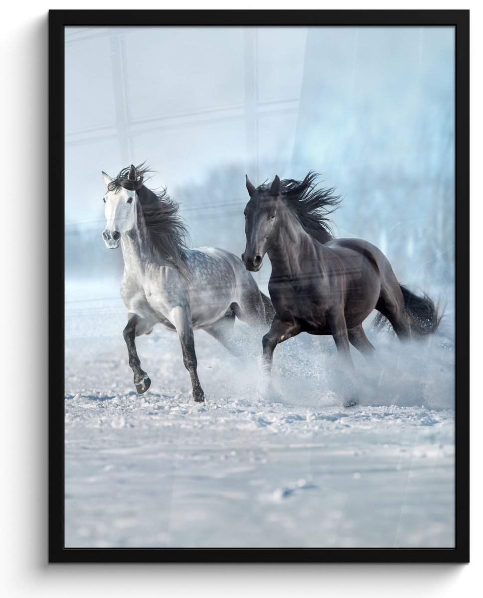 FrameYourWall Poster in lijst - Fotolijst 50x70 cm - Posters - Paarden - Winter - Dieren - Natuur - Sneeuw - Posterlijst zwart - Decoratie - Wanddecoratie woonkamer - Muurdecoratie slaapkamer