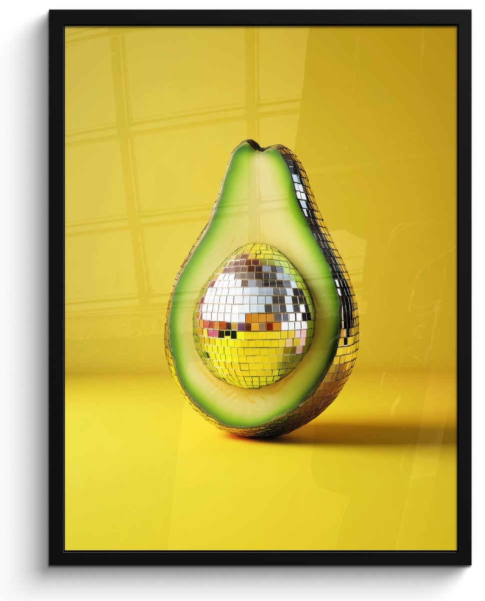 FrameYourWall Fotolijst inclusief poster - Posterlijst 50x70 cm - Posters - Avocado - Discobal - Geel - Glitter - Foto in lijst - Keuken decoratie muur - Wanddecoratie accessoires - Muurdecoratie - Schilderijen Disco - Avocado