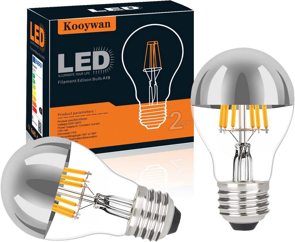 E27 Led Filament Spiegelkop Lamp Zilver 6W Warm Wit 2 Stuks