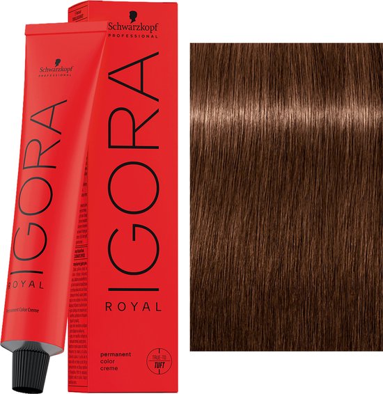 Schwarzkopf IGORA ROYAL 6-6 Donkerblond Chocolade haarverf verpakking met een staal van het eindresultaat.