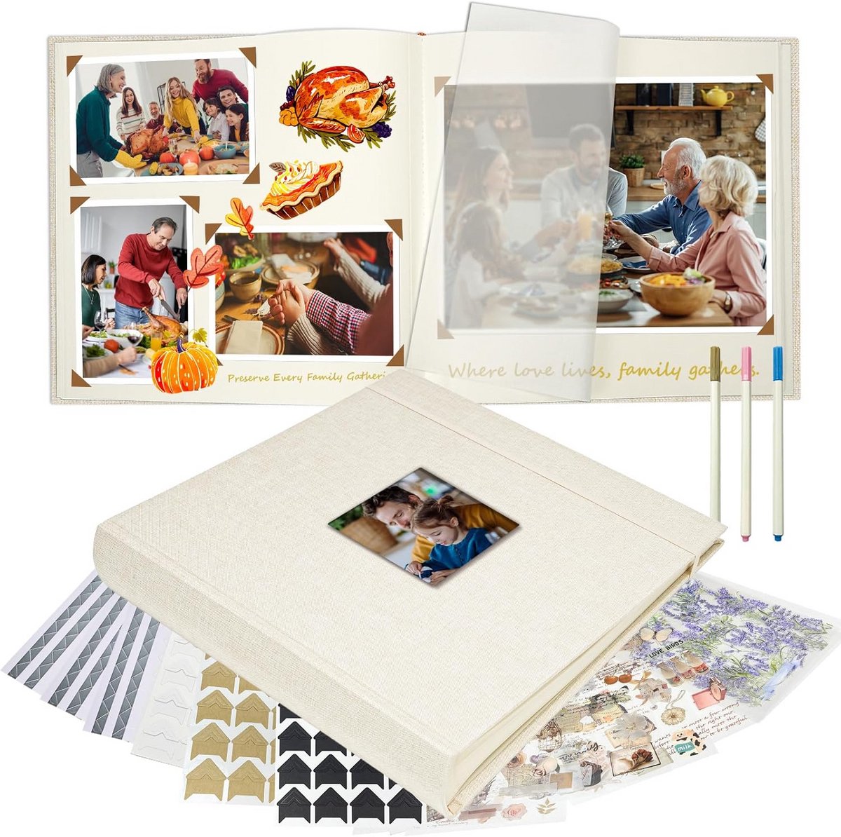 Linnen Fotoalbum 30x30 cm met Schrijfruimte en Doe-Het-Zelf Set