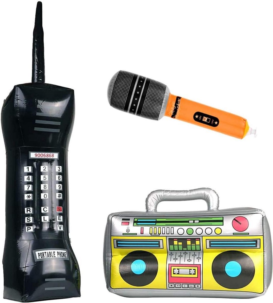Opblaasbare Jaren 80/90 Feestaccessoires Set: Radio, Ghetto Blaster, Microfoon en Telefoon
