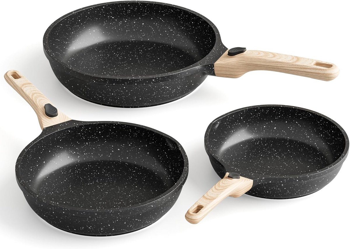 Inductie Braadpannenset met Afneembare Handgrepen en Antiaanbaklaag (3 Delig)