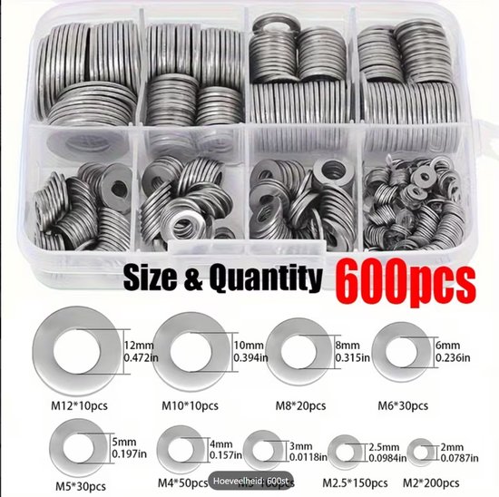 600-delige RVS Sluitringen Set M2–M12 – Assortimentsdoos met Platte ...