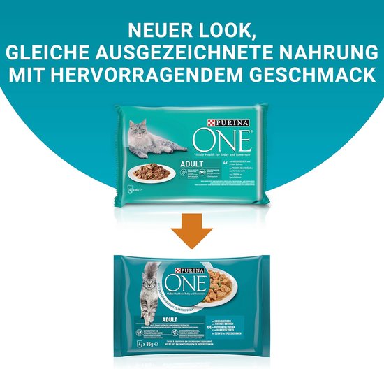 Een pakje Purina One Adult natvoer met vis, kip, rundvlees en lam. Twee verschillende verpakkingen.