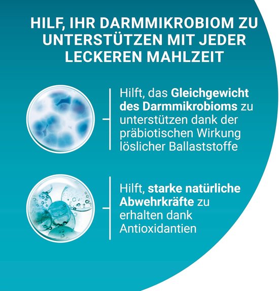 Ondersteunt het darmmicrobioom dankzij prebiotica en de natuurlijke afweer dankzij antioxidanten.