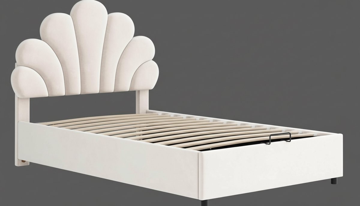 Tienerbed 90x200 cm met Hydraulische Opbergruimte – Casa Velluto Bella Fiore Beige – Verstelbaar Hoofdbord – Gestoffeerd Fluwelen Eenpersoonsbed met Lattenbodem