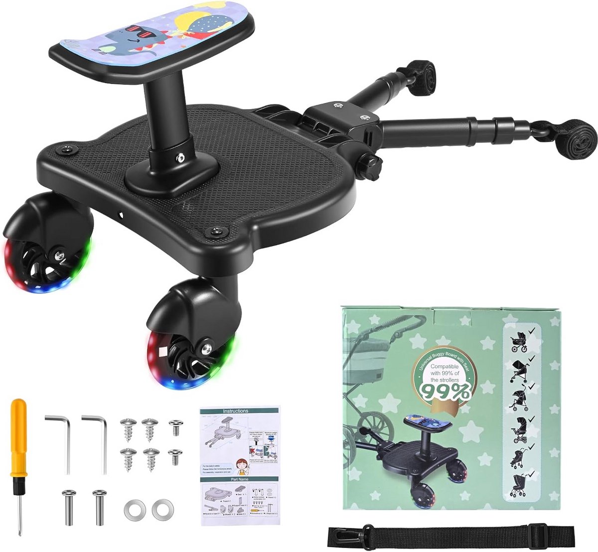 Universeel Kinderzitje en Voetplank voor Kinderwagen met LED Wielen