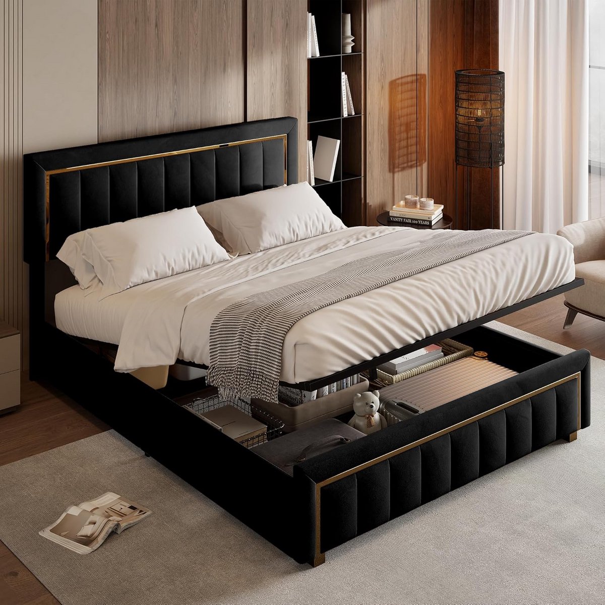 Luxe Tweepersoonsbed 160x200 cm met Opbergruimte in Zwart Fluweel