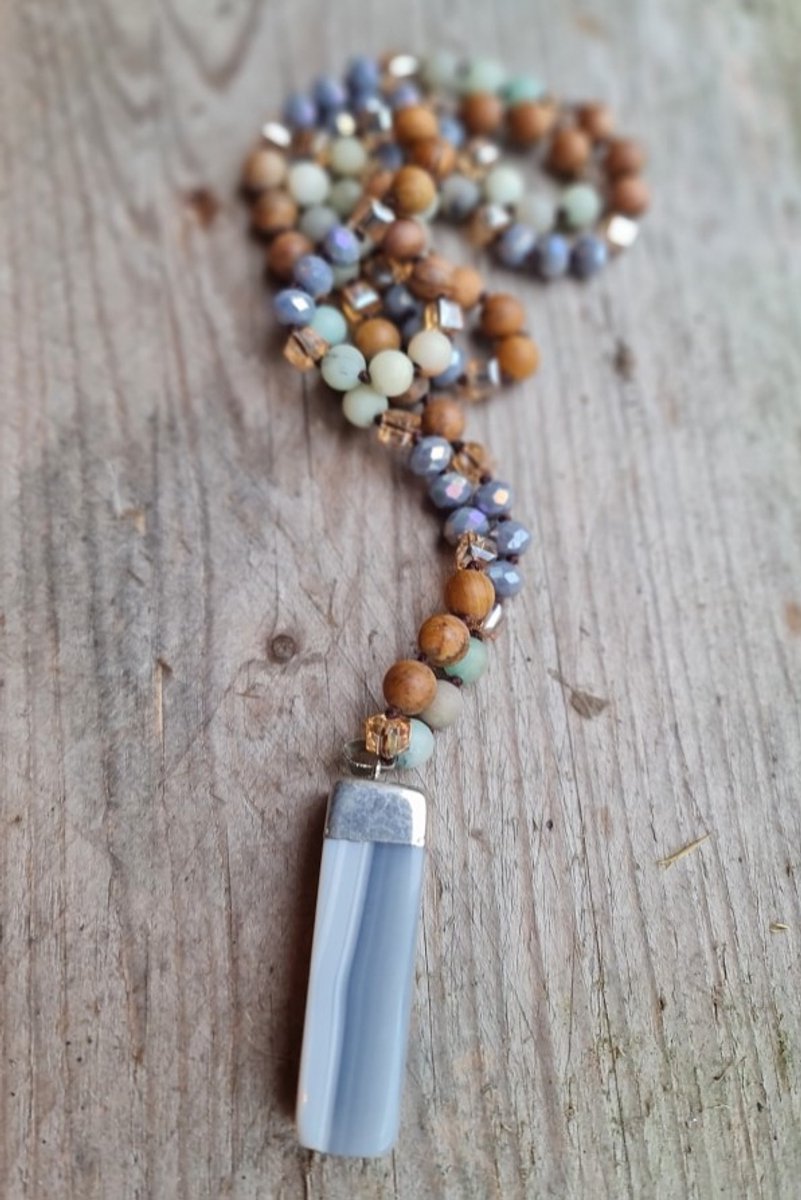 Boho lange edelsteen ketting - kralen Picture Jaspis en Flouride - massieve grijze Agaat hanger