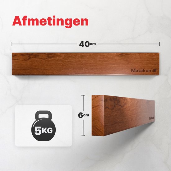 Houten magnetische messenhouder van 40 cm, 6 cm hoog. Draagt 5 kg.