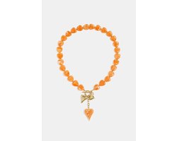 Kralenketting met Hartjes & Bedels – Koningsdag Special - Stainless Steel & Acryl Kralen Ketting – Goudkleurig met Oranje – 47 cm – Dames Bedelketting - Cadeau voor haar