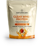 Naturecan Clear Whey Protein Peach Ice Tea zak met perzik, ijsblokjes en een oranje splash.