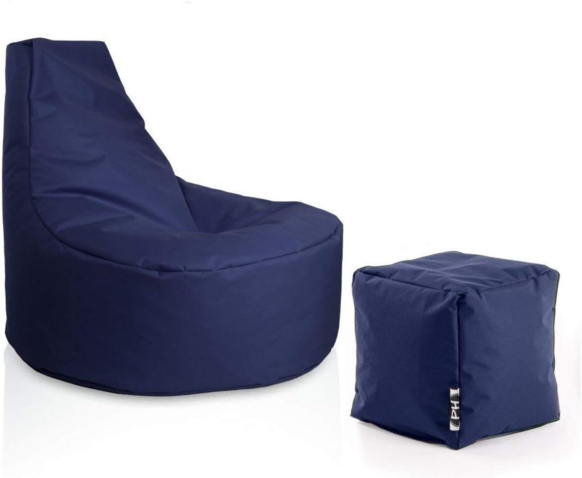 Gamer Zitzak met Poef Set - Diameter 80cm - Navy Blauw - Voor Binnen & Buiten