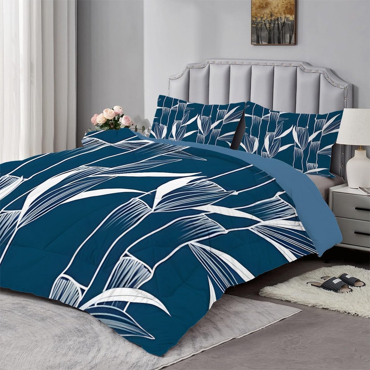 Luxe Dekbed 240x260cm Donkergrijs met Plantenprint - Wasbaar & Omkeerbaar - Inclusief 2 Ku