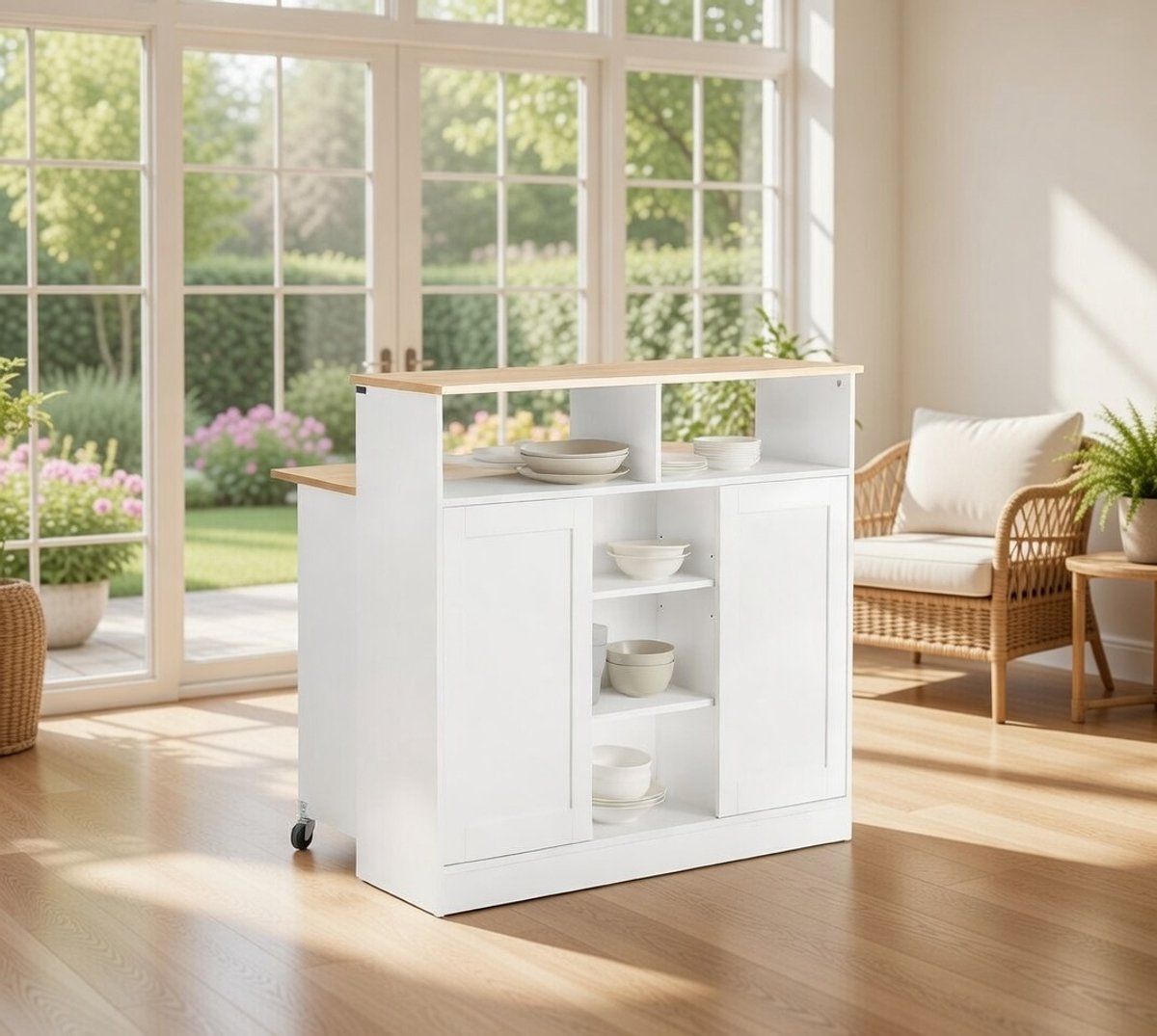 Elegante Opbergkast & Dressoir met Schuifdeuren en Uitbreidbaar Werkblad – Keukeneiland / Highboard / Commode – Wit – 110x97x66 cm Casa Serena – Casa Dorada