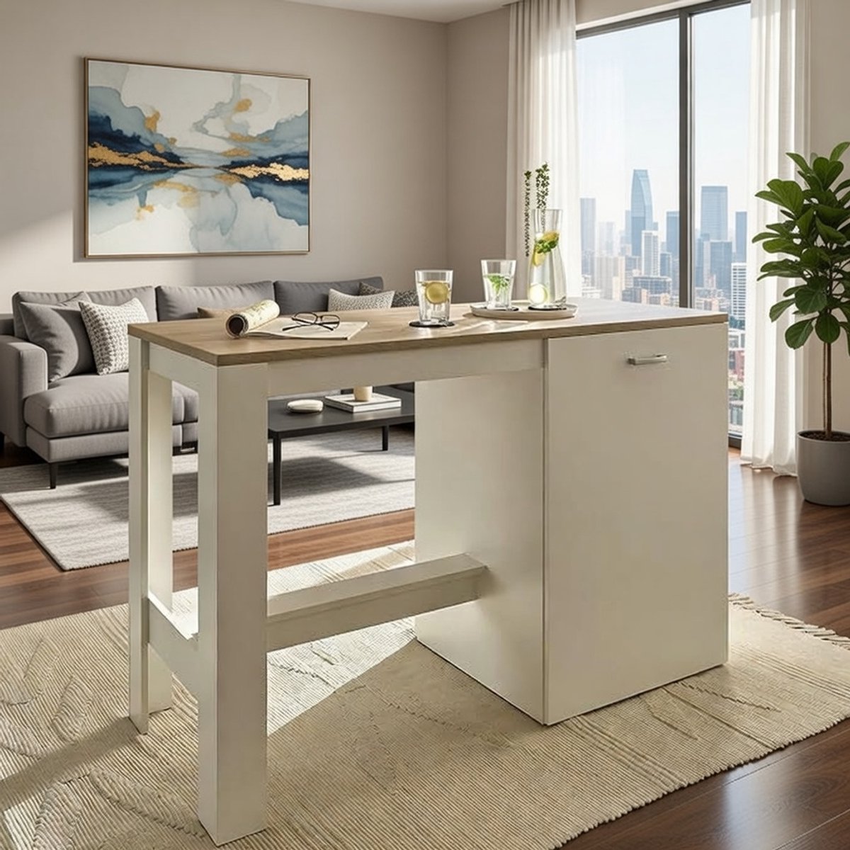 Andy Modern Keukeneiland – Vrijstaand Kookeiland Mat Wit met Sonoma Eiken Werkblad – Ruim Opbergmeubel voor Keuken, Kasten en Keukengerei – 138 x 91 x 56 cm Casa Serena – Casa Dorada