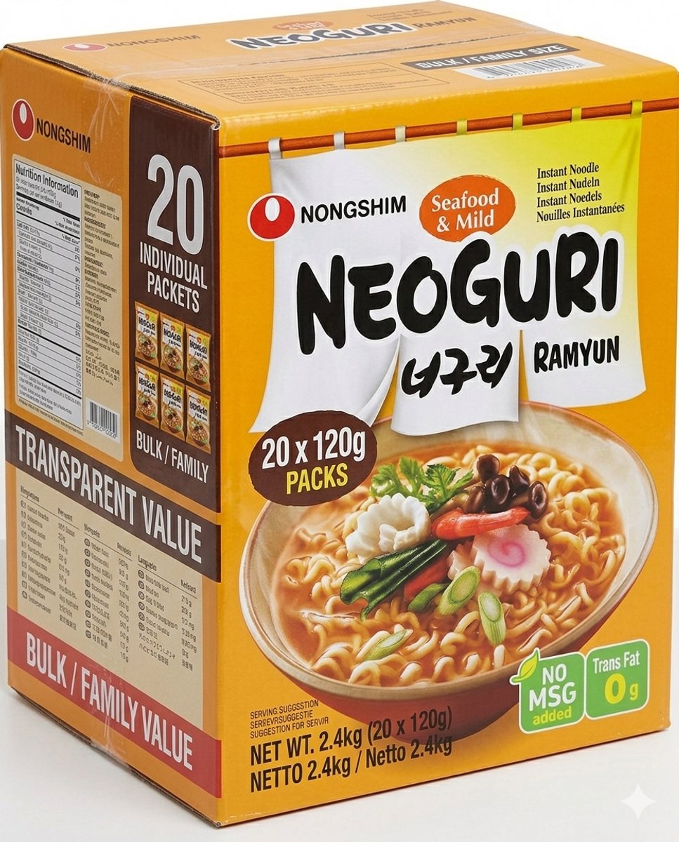Nong Shim Neoguri Mild Instant Noedels Multipack - 20 x 120g - Koreaanse Ramen met Zeevruchten Smaak en Dikke Udon-stijl Noedels - Grootverpakking - Mild Pittig - Authentieke Aziatische Smaak met Kajal Sticker