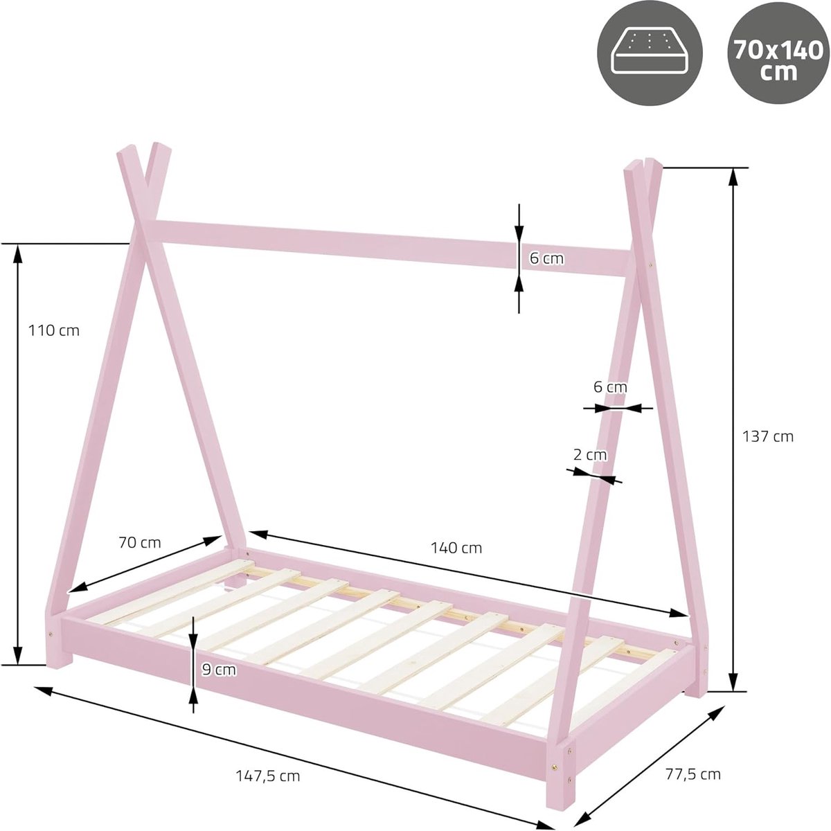 Tipi Kinderbed 70x140 cm – Casa Velluto PrincessTeepee® Roze – Massief Grenen Houten Huisbed met Lattenbodem – Peuterbed & Speelbed voor Meisjes 2-6 Jaar