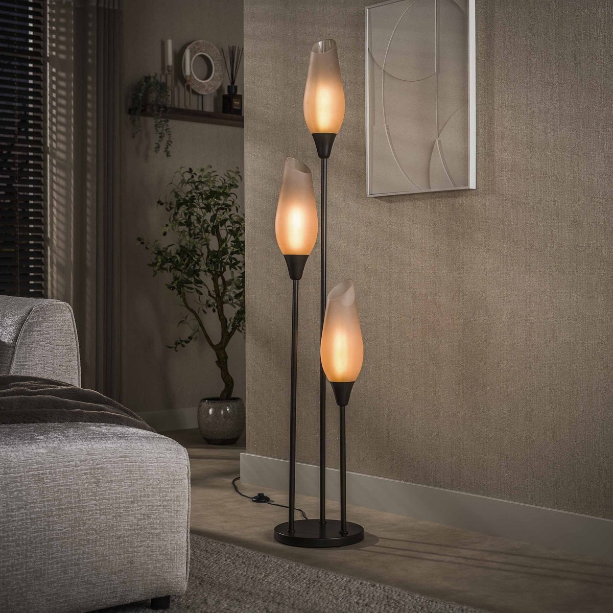 PS-Collection Vloerlamp Cocoon 3-L - Sienna Bruin Matglas - Metaal - vloerlampen woonkamer, vloerlamp zwart, vloerlamp industrieel, vloer lamp, vloerlampen landelijk, staande lampen woonkamer, staande lampen, staande lamp industrieel