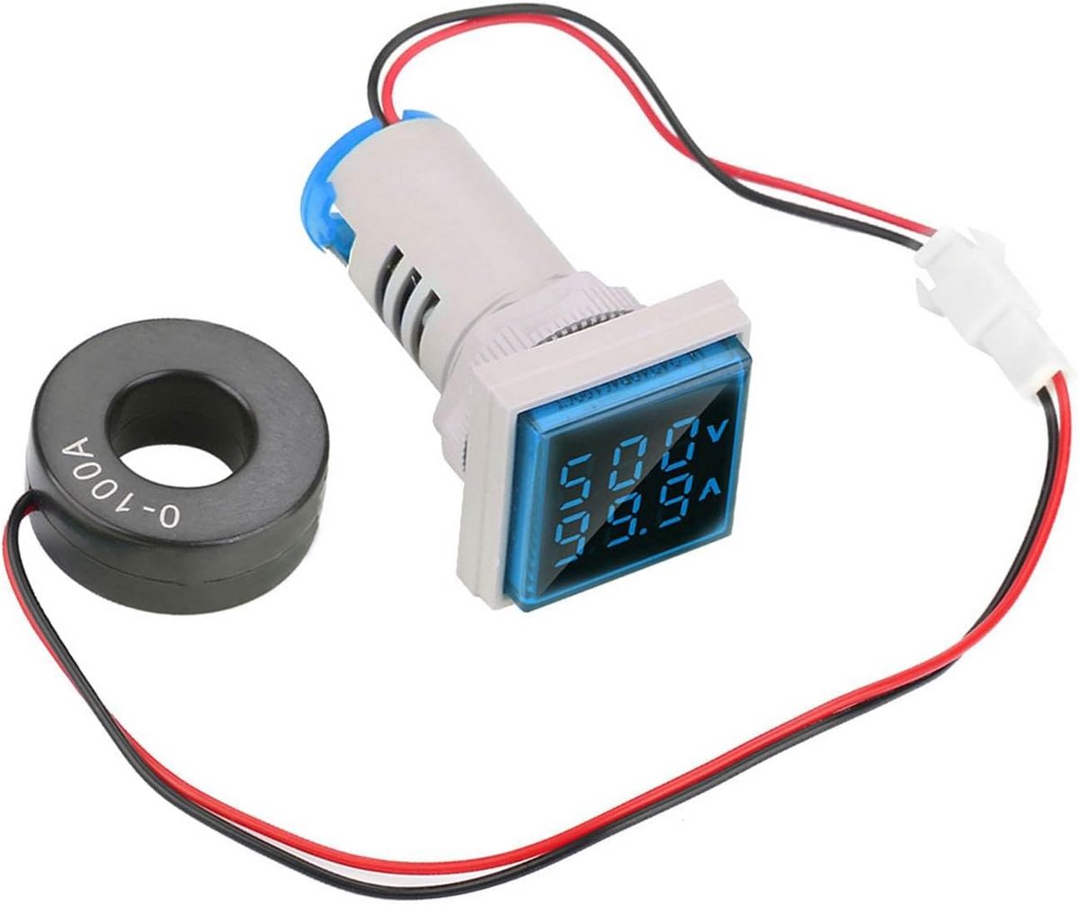 Digitale LED Spannings- en Stroommeter Dual Display 22mm 0-100A Blauw