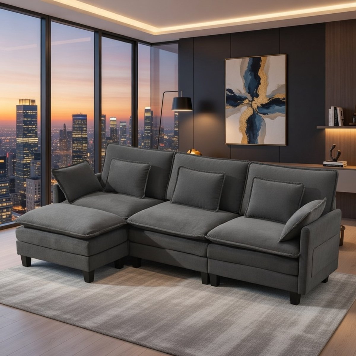 Luxe Modulaire L-voorbank met Slaapfunctie, Chaise Longue, Chenille Stof, Donkergrijs, Comfortabele Zitkussens, Modulair Design, Woonkamerbank 287 cm Casa Serena