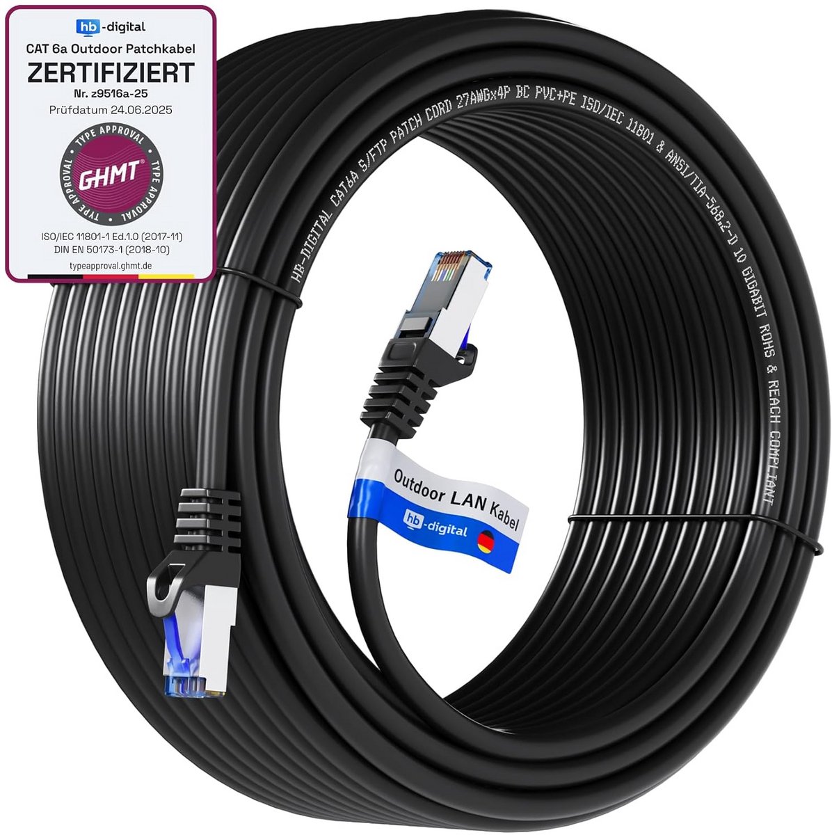 Cat.6a Buiten en Binnen Netwerkkabel Zwart 30m S/FTP RJ45 Ethernet Kabel IP66