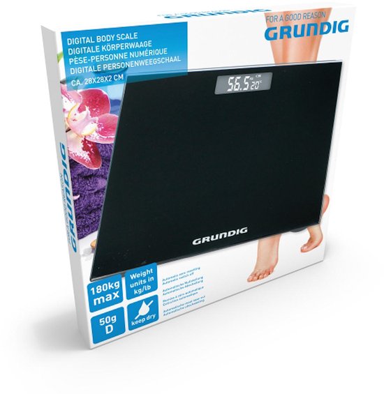 Doos van een zwarte Grundig digitale personenweegschaal met bloemen en een vrouw.