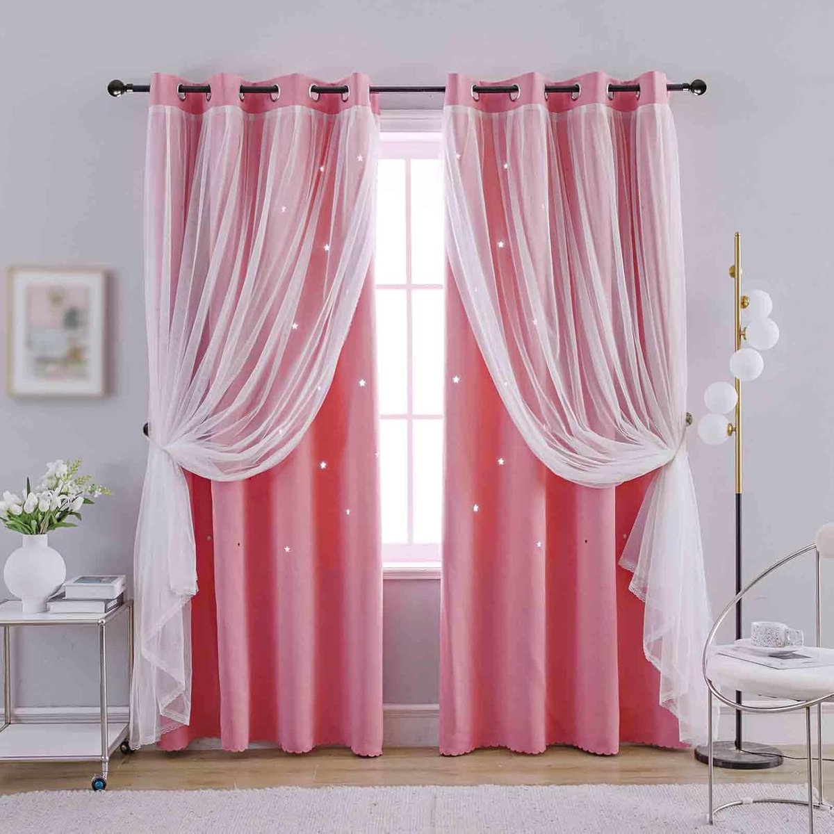 Meisjes Slaapkamer Gordijnen - Sterren Gatpatroon Verduisterend - 2-stuks 132x213 cm - Roze - Polyester Materiaal - 85-90% Lichtverduisterin