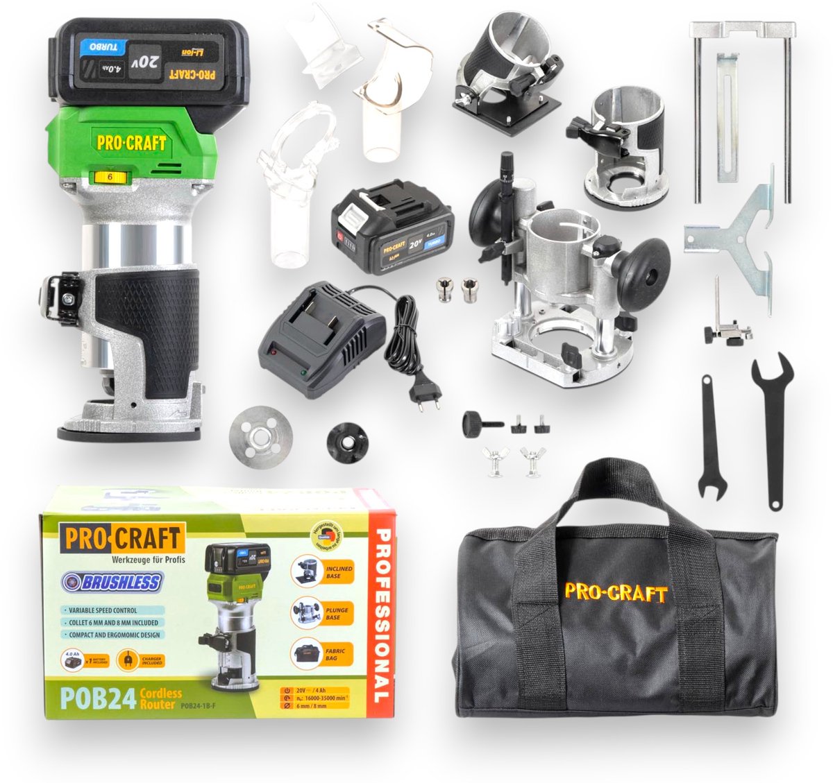 Procraft POB24-1B-F accu multifunctionele frees 20 V 6 / 8 mm borstelloos + 1x accu 4,0 Ah + oplader + 3-in-1 accessoires + tas
