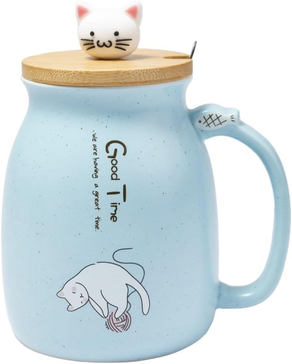 Grote Kawaii Kattenmok met Deksel en Lepel - Japanse Stijl Drinkbeker 450 ml