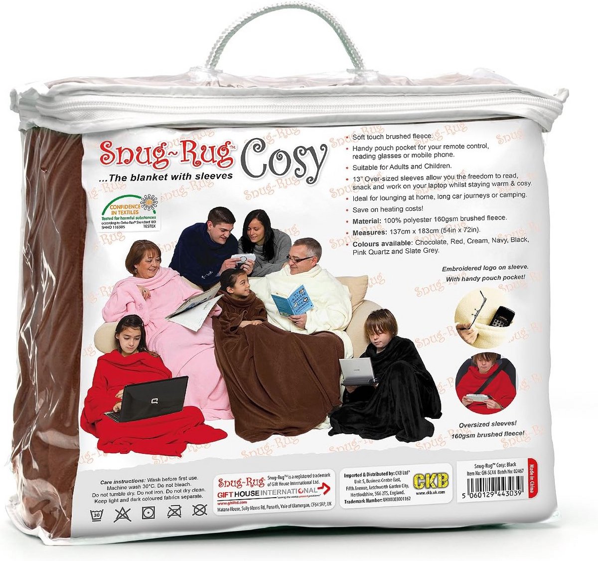 Snug Rug Cosy, Cozy Rug Cozy, Fleece Blanket with Sleeves and a Cell Phone Pocket - Chocolate Brown