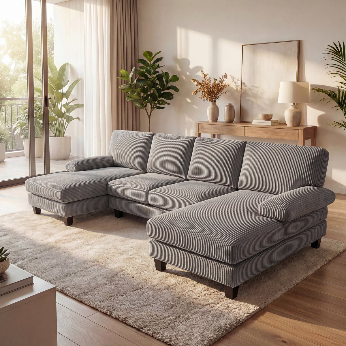 Bealife AR103 U-Banken - 4-Zits Hoekbanken met slaapfunctie & 2 Chaise Longues – Zacht ribcord – Voor Woonkamer - Grijs