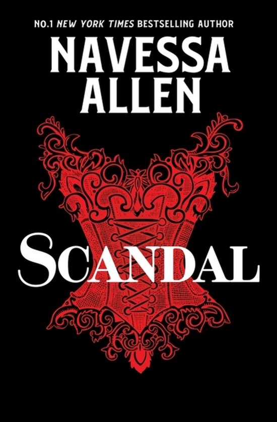 Boekcover van 'Scandal' van Navessa Allen met een gedetailleerd rood korset op een zwarte achtergrond.