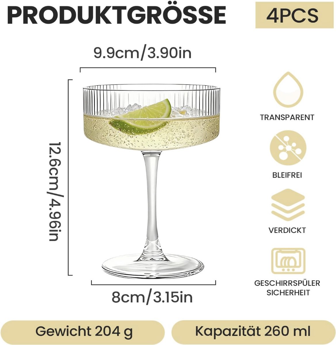 Martini Glazen Set van 4 – Kristallen Coupe Glazen 260 ml – Luxe Cocktailglazen – Mondgeblazen Champagne Coupe – Espresso Martini & Manhattan – Transparant Glaswerk — cadeau in Kookcadeaus - foto 3