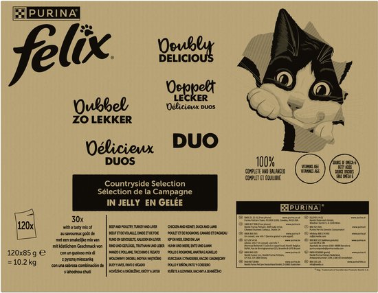Felix Countryside Selectie in Gelei: Duo met rund, gevogelte, kalkoen, lever, eend en lam. 120 x 85g.