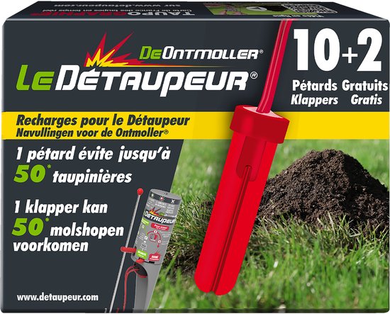 Doos met 'Le Détaupeur' replacemets, 10+2 gratis. Rode slagroomspuit-achtige opener en molshoop.