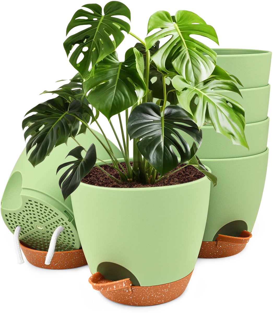 Dreamhigh® 6st Bloempot Rond - Vaas 15.2cm - Zelfwaterende Plantenpot met Bruine Schotel - Bewateringsopening en Katoenen Koord - Plantenbak Aan Deur Binnen Buiten