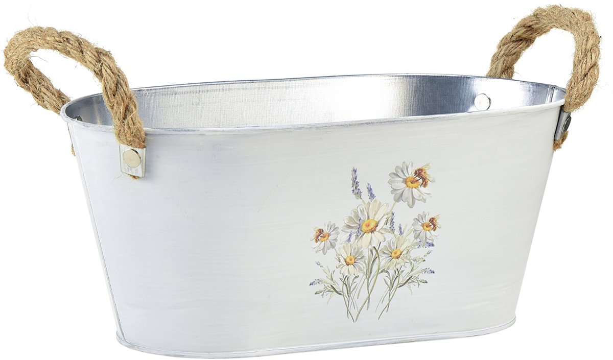 Decoratieve ovale metalen schaal, wit met natuurlijke bloemenversierin
