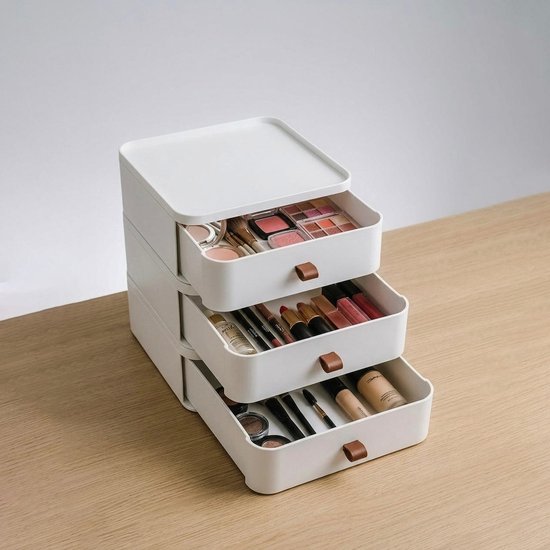 Make up Organizer met 3 Lades – Luxe Opbergbox Make up – Opbergdoos Cosmetica – Multifunctionele Make up Opberger voor Badkamer & Make up Tafel – 23x21x21 cm