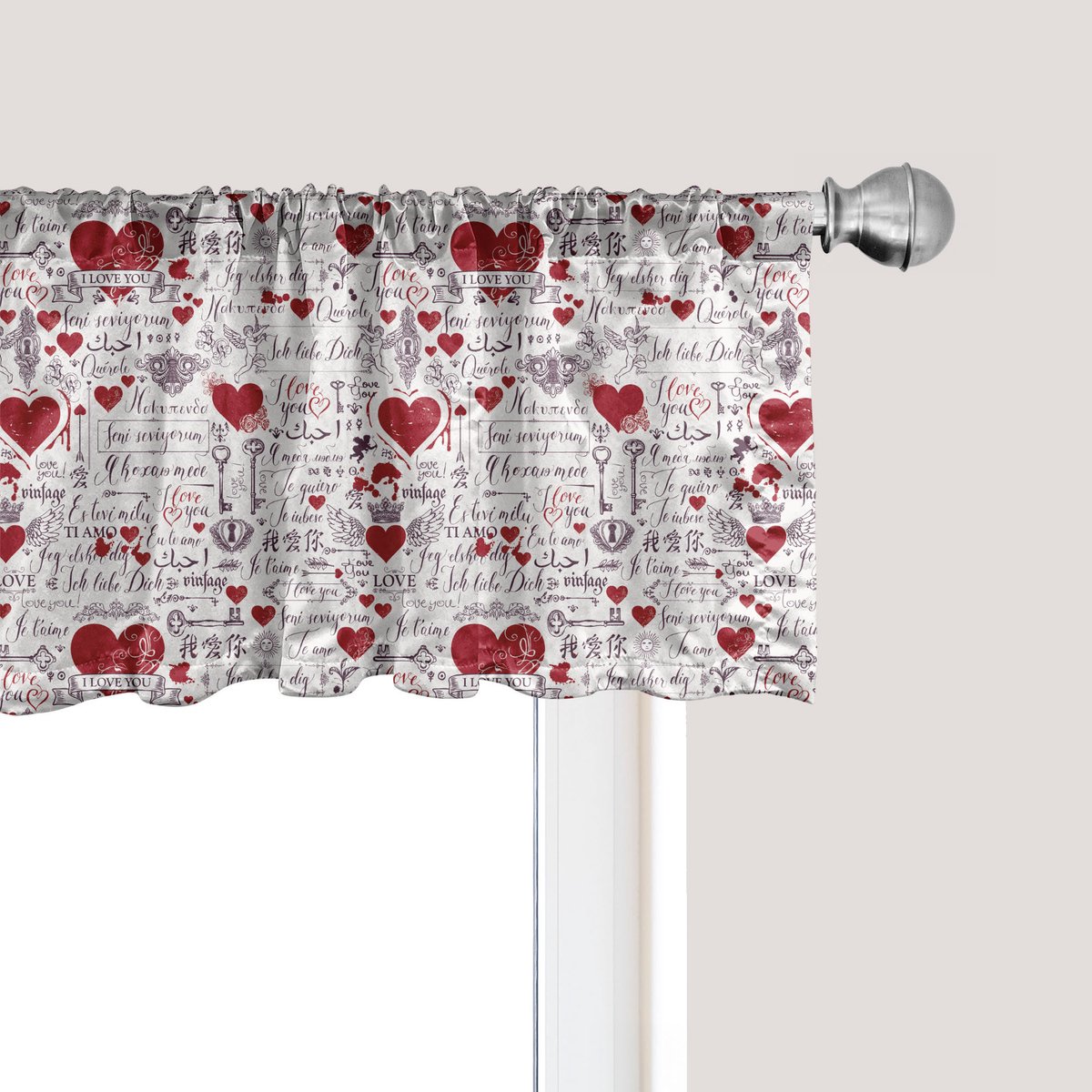 ABAKUHAUS Vintage Valentijnsgordijnvalletje, gordijnvalletje voor keuken en slaapkamer met tunnelzoom, 137 cm x 30 cm, Vermiljoenpaars gebroken wit Vermiljoen pruim gebroken wit