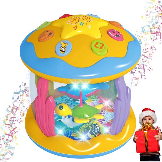 Interactief aquarium speelgoed met draaiende dolfijn en schildpad, omringd door vissen en planten. Met lichtjes en muzieknoten, en een kindje met cadeau.