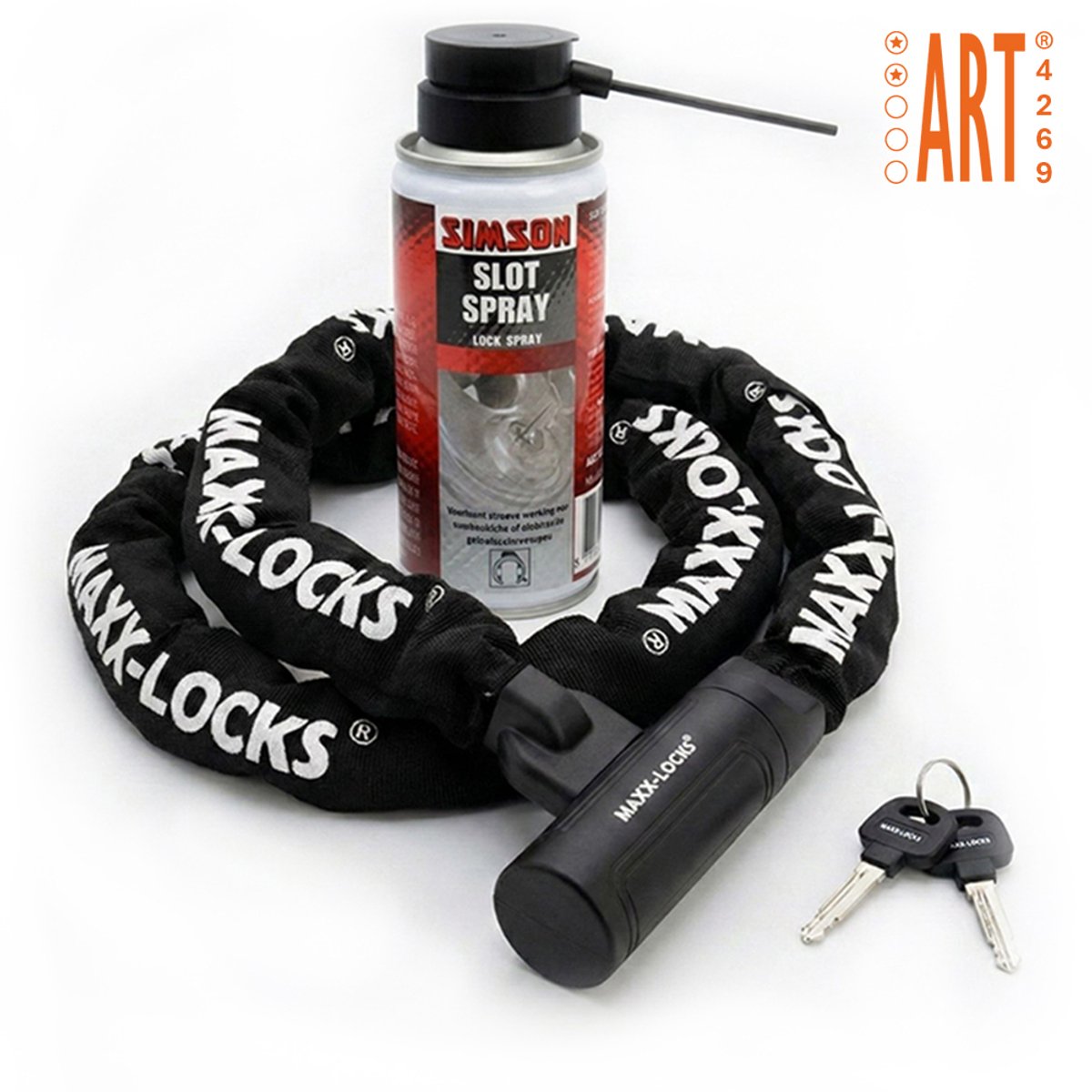 Maxx-Locks Picton Kettingslot - Art 2 Fietsslot met Slot Spray - Ketting van 8,3 mm Dikke Schakels - Slot met ART keurmerk - Geschikt voor Electrische Fiets en Fatbike - 180 cm