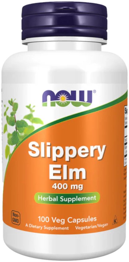 NOW Slippery Elm 400 mg, 100 vegetarische capsules. Wit met oranje en groene labels met bladeren.