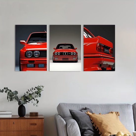 Een driedelig canvas met close-ups van een rode BMW M3 E30.
