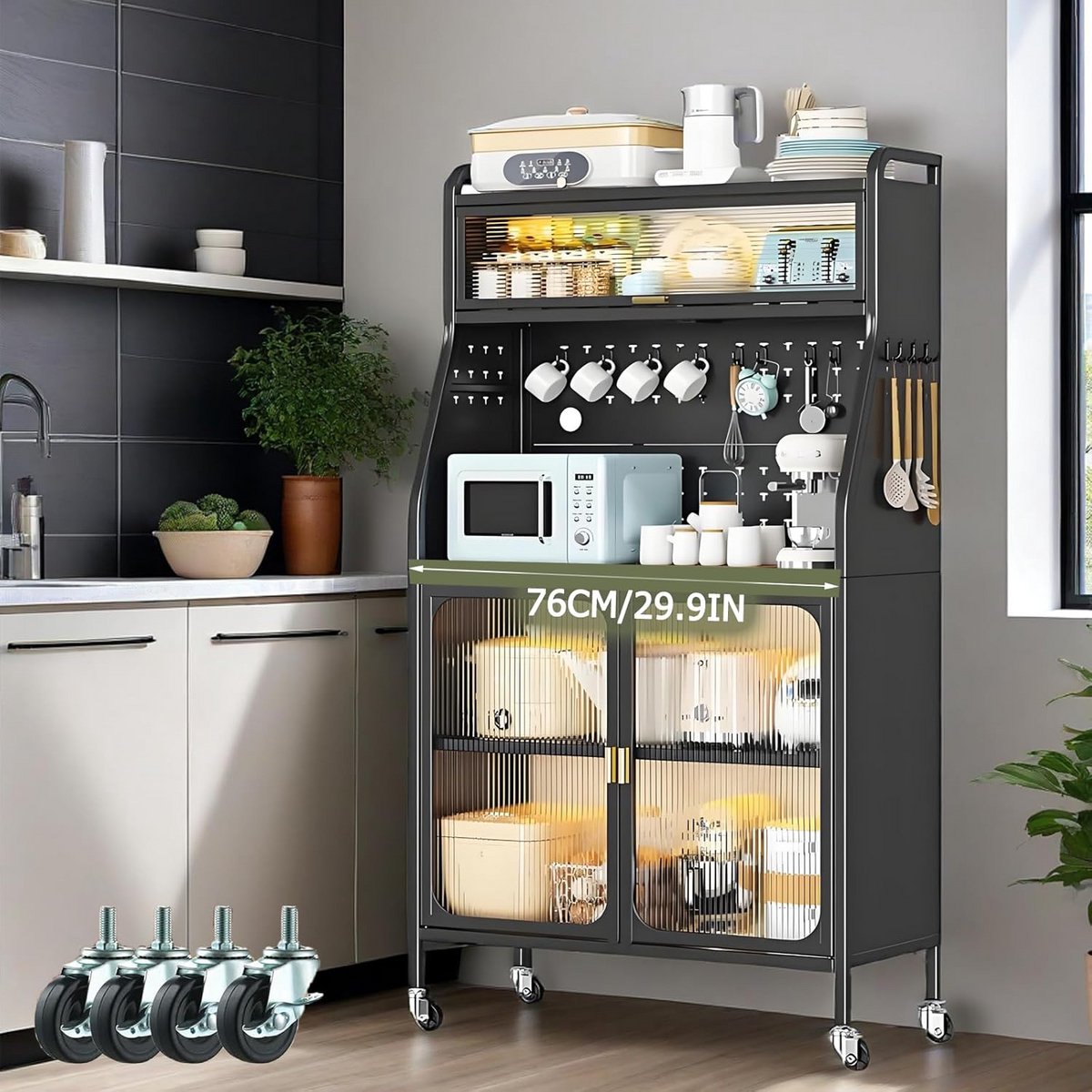 Hoge Keukenkast Buffetkast Zwart Met Werkblad en Wieltjes 160 cm